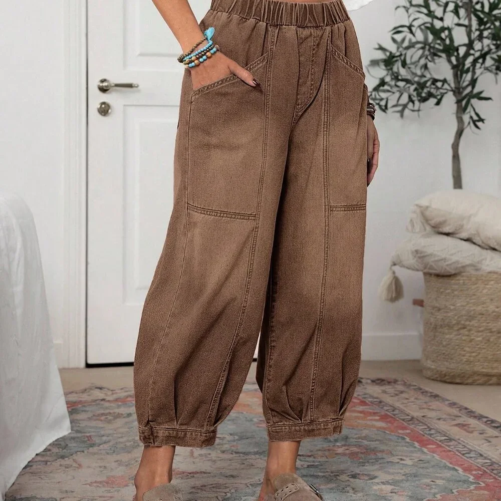 Coffee Brown Casual Women's Elastic Waist Loose Tapered Jeans